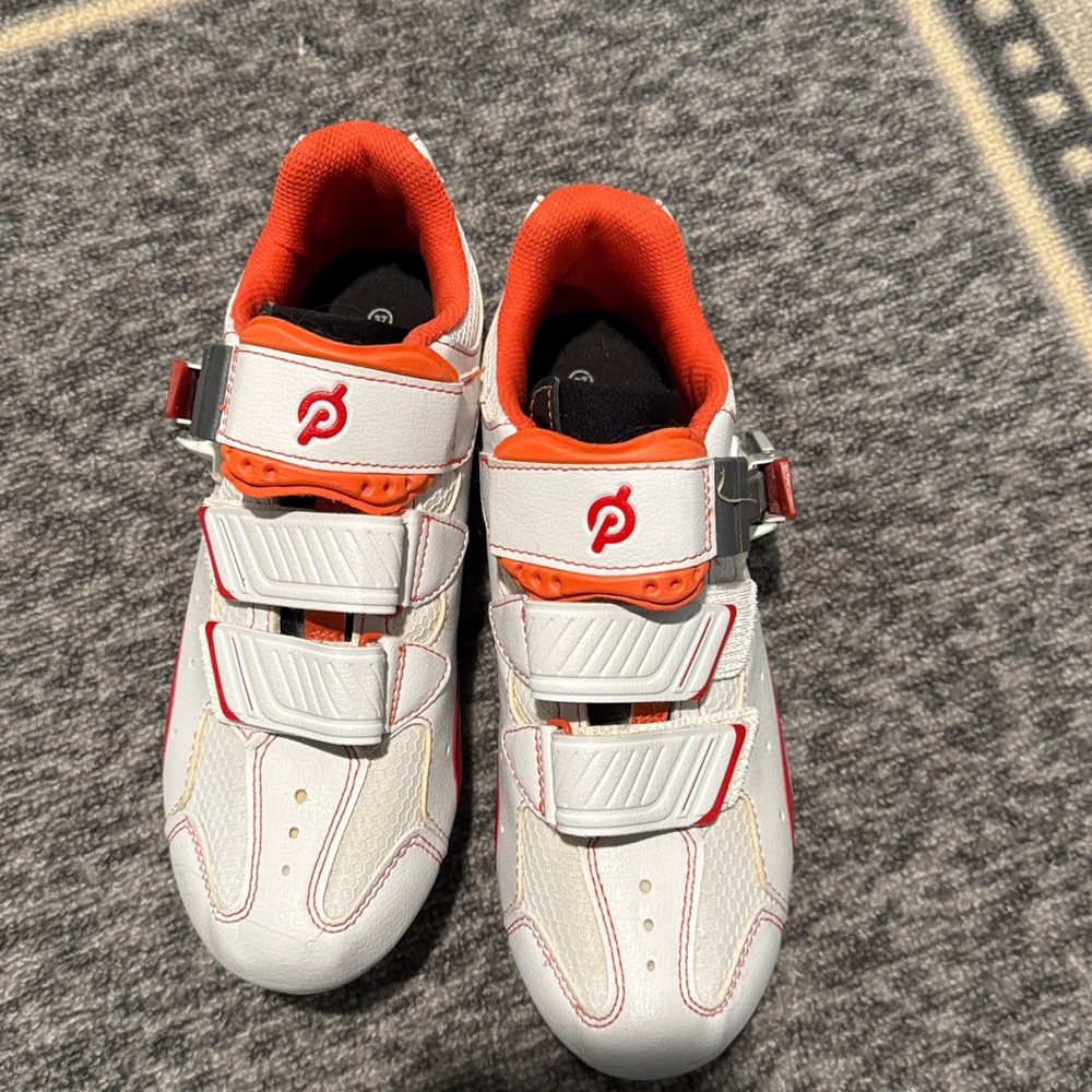 Peloton Cycling Shoes with Red and White Accents